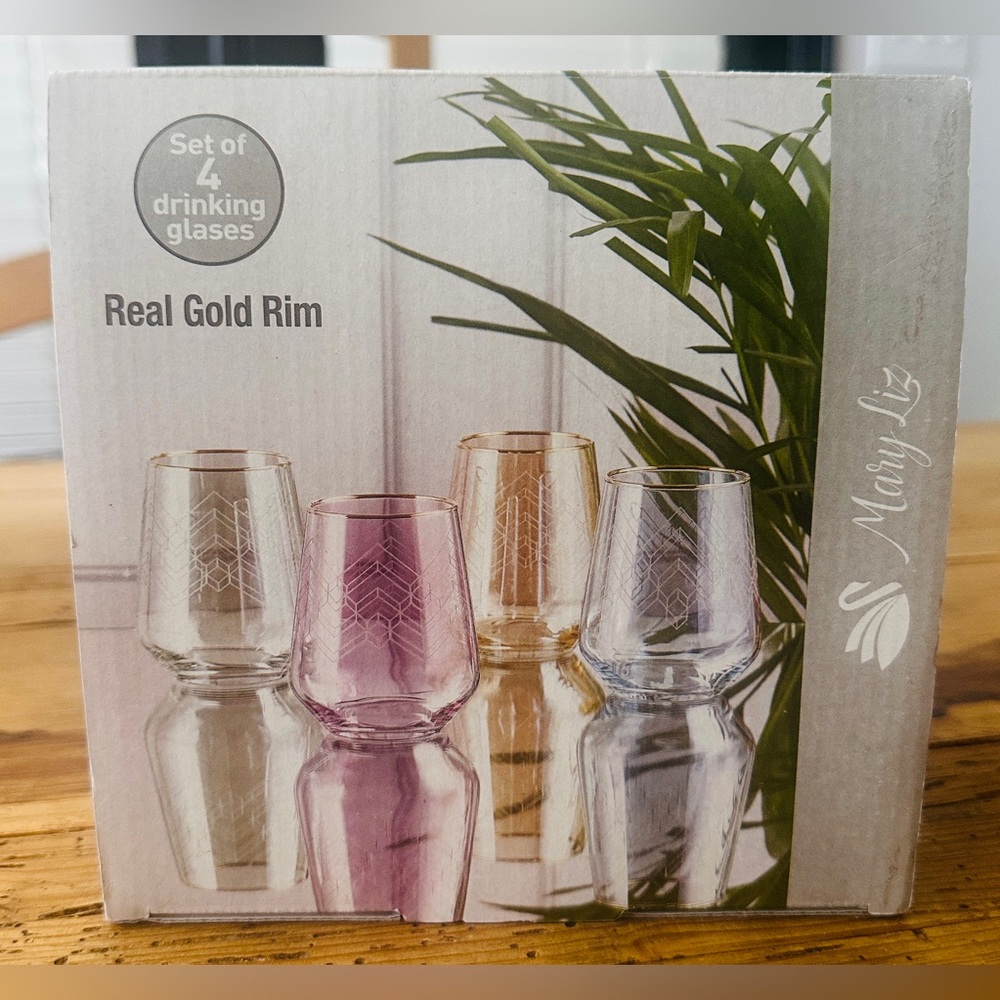 Mary Liz Set of 4 Real Gold Rim Glassware Drinking Glasses New 14 1/2 Oz